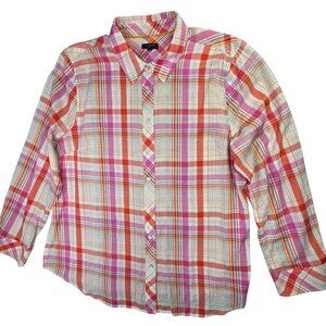 Talbots Shirt Womens XL Petite Pink Orange Plaid Button Down Soft Casual Preppy